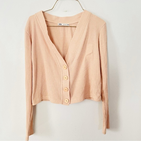 Zara Cropped Ribbed Button Sweater Top Small Beige Neutral Minimal Fall Layer - Picture 2 of 3